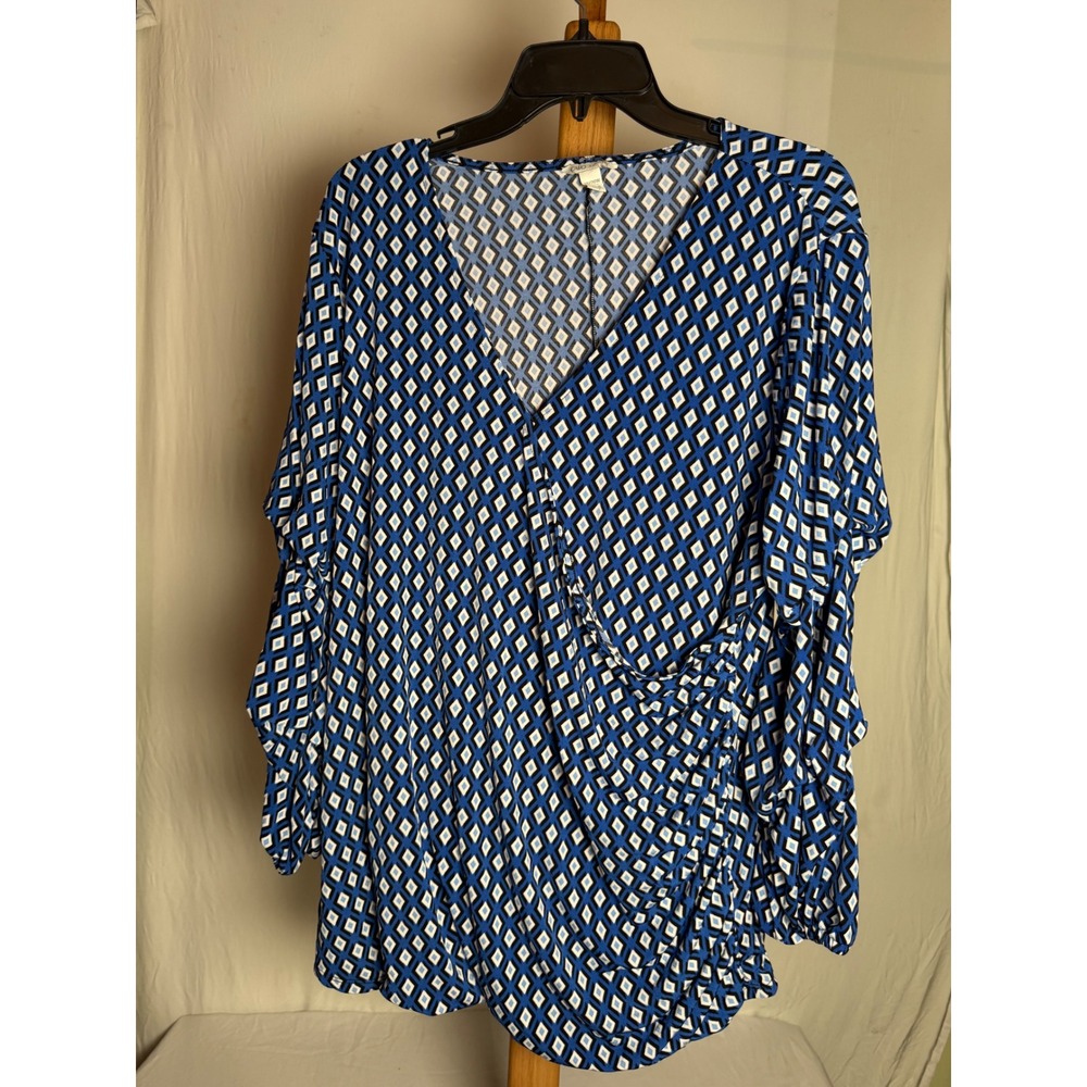 Cato Womens Plus Size 18/20W Blue Geometric Diamond Faux Wrap V-Neck Blouse Top